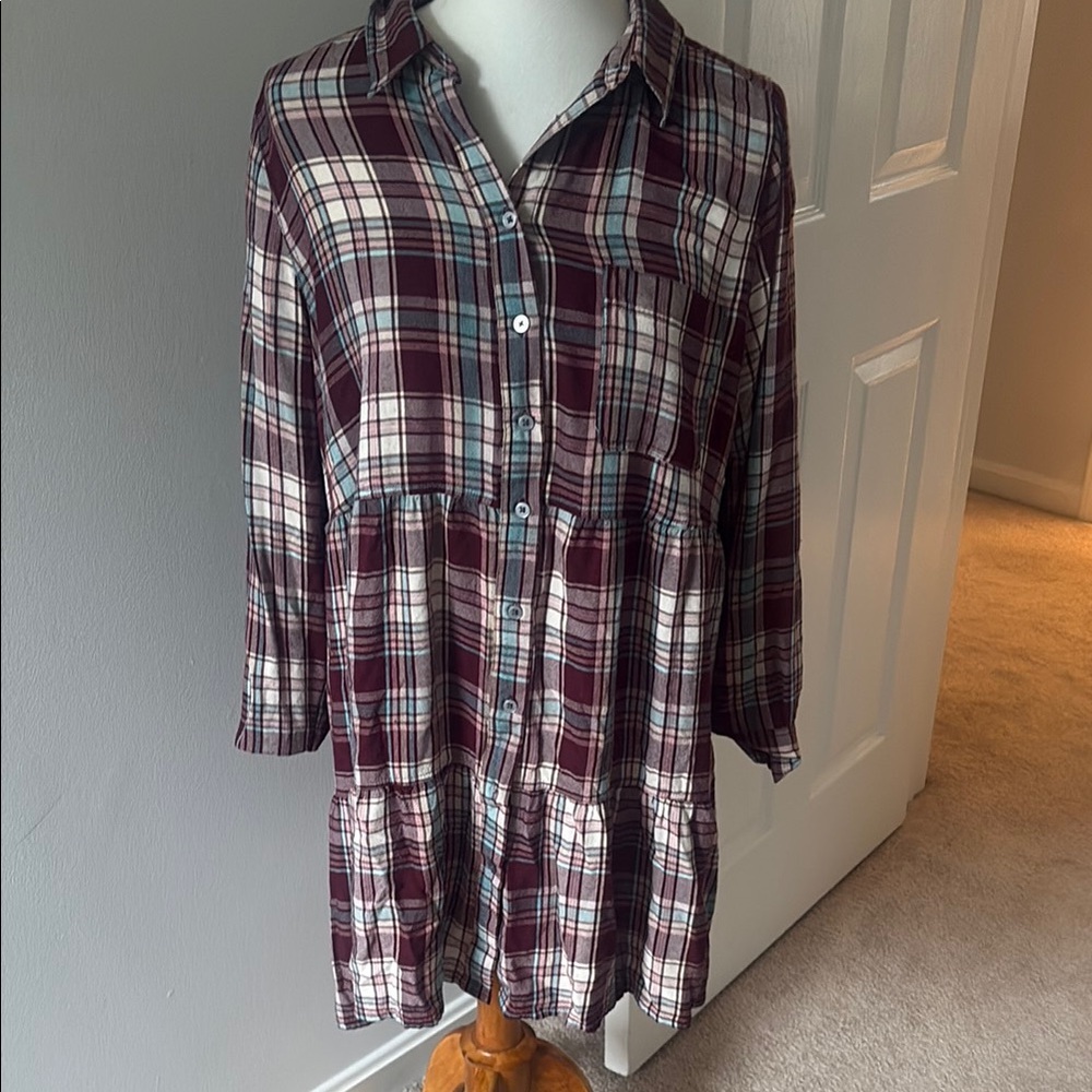LOFT Burgundy and White Plaid Long Sleeve Dress